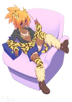 Rule 34 | 1boy, absurdres, animal ears, animal print, blonde hair, blush, bulge, chinese zodiac, choker, commentary, crossdressing, crossdressing (mtf), dated, gyaru, gyaruo, hadaparuka, hair between eyes, highres, jewelry, kogal, looking at viewer, necklace, original, panties, pantyshot, pleated skirt, purple eyes, ring, signature, skirt, solo, tail, tan, tanline, thighhighs, tiger boy, tiger ears, tiger print, tiger tail, trap, underwear, v, year of the tiger