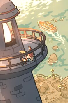 1girl baseball_cap bird blue_sclera boat chibikemo colored_sclera commentary day english_commentary flying from_above gen_3_pokemon gen_5_pokemon hat highres hilda_(pokemon) legendary_pokemon lighthouse mythical_pokemon nintendo ocean outdoors petite_echorizon pier pig pokemon pokemon_(creature) pokemon_bw pokemon_focus seagull tepig victini water watercraft wingull