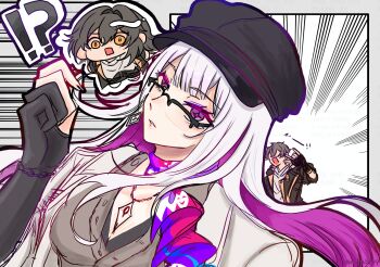 1girl beret colored_inner_hair earrings glasses gloves hat highres honkai:_star_rail honkai_(series) jewelry long_hair multicolored_hair nihilux_(honkai:_star_rail) purple_eyes ribbon shirt upper_body very_long_hair white_hair