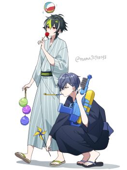 2boys ahoge alternate_costume ball beachball black_shoes blue_hair blue_kimono candy_apple commentary_request flip-flops food full_body green_hair highres holding holding_pinwheel holding_water_gun inami_rai japanese_clothes kimono koyanagi_rou looking_up male_focus multicolored_hair multiple_boys nana72710193 nijisanji party_horn pinwheel red_eyes sandals shadow shoes short_hair squatting streaked_hair striped_clothes striped_kimono tiptoes twitter_username vertical-striped_clothes vertical-striped_kimono virtual_youtuber water_balloon water_gun water_yoyo yellow_eyes yukata