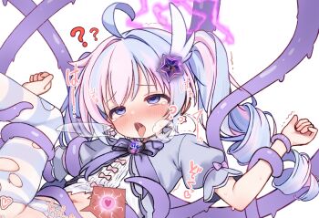 !? 1girl ? ahoge blue_archive blue_hair blush cameltoe commentary_request distorted_halo drill_hair earrings hair_ornament halo implied_sex implied_tentacle_sex jewelry kohaku_rinne loli magical_girl multicolored_hair navel nose_blush open_mouth ovum_with_heart paid_reward_available pantyhose pink_hair pink_halo puffy_short_sleeves puffy_sleeves purple_eyes purple_pantyhose reisa_(blue_archive) reisa_(magical)_(blue_archive) restrained rolling_eyes short_sleeves simple_background solo star_(symbol) star_earrings star_hair_ornament star_halo striped_clothes striped_pantyhose tongue tongue_out torn_clothes torn_pantyhose twin_drills twintails two-tone_hair variant_set white_background wing_hair_ornament