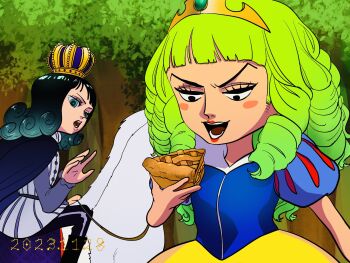 1boy 1girl alternate_costume animal apple_pie blue_eyes blunt_bangs blush_stickers boots commentary_request cosplay crown dated drill_hair food forest green_hair highres hisarakanoi holding holding_food horse long_hair makeup marchen_time mascara nature nico_robin one_piece outdoors pie prince princess puffy_short_sleeves puffy_sleeves red_lips roronoa_zoro short_sleeves smile snow_white_(disney) snow_white_(disney)_(cosplay) v-shaped_eyebrows