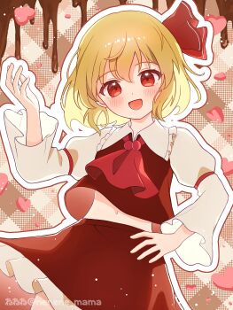 Rule 34 | 1girl, :d, artist name, ascot, black skirt, black vest, blonde hair, blush, brown background, collared shirt, commentary request, cowboy shot, frilled shirt collar, frilled skirt, frills, hair ribbon, hand on own hip, hand up, heart, highres, long sleeves, looking at viewer, midriff peek, navel, nene man, open mouth, outline, red ascot, red eyes, red ribbon, ribbon, rumia, shirt, short hair, skirt, skirt set, sleeve garter, smile, solo, touhou, twitter username, valentine, vest, white outline, white shirt