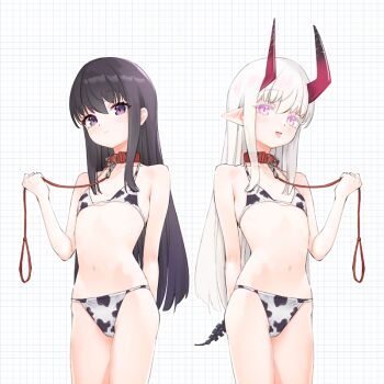 2girls amuzaki_romu animal_collar animal_print bikini black_hair choukou_(alicesoft) choukou_taisen_escalation_heroines closed_mouth collar colored_eyelashes cow_print cow_print_bikini cowboy_shot demon_girl demon_horns demon_tail dual_persona flat_chest grid_background holding holding_leash horns leash loli long_hair looking_at_viewer multiple_girls navel official_art open_mouth pink_eyes pointy_ears print_bikini purple_eyes red_collar red_horns sidelocks smile standing swimsuit tail tongue tongue_out webp-to-png_conversion white_hair youto_hakumei