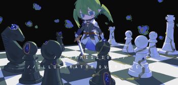 Rule 34 | 1boy, absurdres, armor, belt, bishop (chess), blue eyes, board game, boots, checkered clothes, chess piece, chessboard, chibi, chibi only, english text, feathered wings, gloves, green hair, head wings, highres, holding, holding sword, holding weapon, king (chess), knight (chess), male focus, mini person, original, oversleep, pawn (chess), pointy ears, queen (chess), rook (chess), shield, shoulder armor, sword, weapon, wings