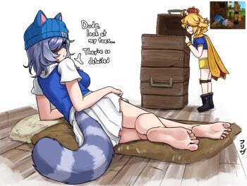 2girls animal_ears barefoot black_boots blonde_hair blue_eyes blue_hair blue_hat blue_shirt boots cape commentary dokibird efreezerarts english_commentary english_text feet foot_focus hat highres hytale indie_virtual_youtuber multiple_girls presenting_foot raccoon_ears raccoon_girl raccoon_tail reclining screenshot_inset shirt short_hair skirt snuffy_(vtuber) soles tail toes virtual_youtuber white_skirt yellow_cape