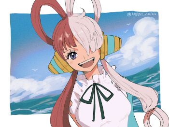 1girl bird blue_gloves blush cloud dress dutch_angle elbow_gloves eyelashes gloves hair_over_one_eye headphones headset highres looking_at_viewer multicolored_hair neck_ribbon one_piece open_mouth outdoors potechi_norisio purple_eyes red_hair ribbon single_elbow_glove smile solo twitter_username two-tone_hair upper_body uta_(one_piece) white_dress white_hair