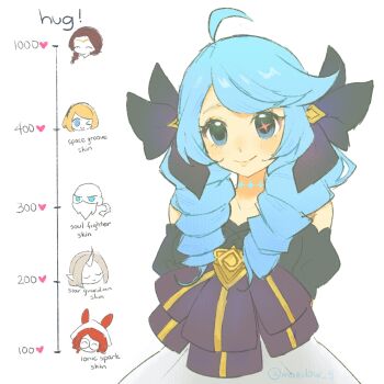 1girl ahoge aurora_(league_of_legends) bare_shoulders black_bow black_dress blush bow cowboy_shot detached_sleeves dress drill_hair green_eyes green_hair gwen_(league_of_legends) hair_bow highres isolde_(league_of_legends) lazy_(maedow_9) league_of_legends looking_at_viewer lux_(league_of_legends) pyke_(league_of_legends) simple_background smile solo_focus soraka_(league_of_legends) twin_drills twintails white_background white_dress