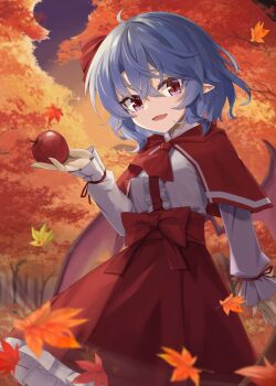 Rule 34 | 1girl, :d, ahoge, akisome hatsuka, alternate costume, apple, autumn, autumn leaves, bat wings, blue hair, capelet, center frills, commentary, crossed bangs, food, frills, fruit, highres, holding, holding food, holding fruit, leaf, looking at viewer, maple leaf, open mouth, outdoors, pointy ears, red capelet, red eyes, red skirt, remilia scarlet, shirt, short hair, skirt, smile, solo, standing, touhou, tree, white shirt, wings