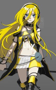 Rule 34 | 1girl, bare shoulders, black boots, black collar, blonde hair, blue eyes, blue eyeshadow, boots, cable, collar, collarbone, eyeshadow, grey background, headphones, highres, lily (vocaloid), long hair, looking at viewer, makeup, midriff, miniskirt, navel, off-shoulder shirt, off shoulder, parted lips, pleated skirt, shirt, simple background, skirt, solo, teeth, thigh boots, two-tone skirt, upper teeth only, very long hair, vocaloid, watermark, white skirt, yellow skirt, yoshioka suke, zipper top