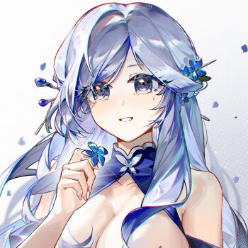 1girl :d absurdres blue_eyes blue_flower blue_hair blueblossom borrowed_character breasts commentary commission english_commentary flower flower_ornament hair_flower hair_ornament highres holding holding_flower large_breasts lenhee_(kaito) long_hair looking_at_another open_mouth original pixiv_commission smile solo variant_set white_background white_hair