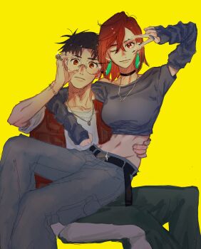 1boy 1girl adjusting_eyewear arm_around_neck ayase_momo belt black_belt black_choker black_hair breasts brown_eyes brown_hair choker closed_mouth couple crop_top crossed_bangs dandadan detached_sleeves earrings feet_out_of_frame fingernails glasses grey_arm_warmers grey_nails grey_pants grey_shirt hair_between_eyes hand_on_another&#039;s_waist hetero highres jewelry light_smile long_fingernails medium_breasts medium_hair midriff nabeoishi_705 nail_polish navel necklace one_eye_closed pants parted_bangs red_vest ring ring_necklace round_eyewear shirt short_hair short_sleeves sitting sitting_on_lap sitting_on_person striped_clothes striped_pants takakura_ken_(dandadan) vest white_shirt yellow_background