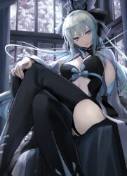 Rule 34 | 1girl, absurdres, black bow, black dress, black thighhighs, blue eyes, bow, braid, breasts, center opening, chef no kimagure salad, cleavage, crossed legs, dress, fate/grand order, fate (series), grey hair, hair bow, highres, large breasts, long hair, long sleeves, looking at viewer, morgan le fay (fate), morgan le fay (third ascension) (fate), ponytail, sidelocks, solo, spikes, thighhighs, thighs, tiara, two-tone dress, very long hair, white dress, wide sleeves