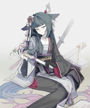 1girl absurdres animal_ears arknights black_gloves black_hair black_kimono breasts chest_sarashi commentary flower gloves grey_eyes hair_flower hair_ornament highres holding holding_sheath holding_sword holding_weapon japanese_clothes kimono light_smile long_hair looking_at_viewer mio_(arknights) ngik_05 obi sarashi sash sheath sheathed single_glove small_breasts solo sword tassel tassel_hair_ornament twitter_username very_long_hair weapon