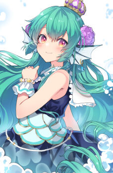 1girl black_shirt black_skirt blue_skirt blush closed_mouth commentary_request crown fin_piercing finana_ryugu fins fish_girl flower from_side green_hair hair_flower hair_ornament head_fins highres kgr long_hair mini_crown nijisanji nijisanji_en pleated_skirt purple_eyes purple_flower purple_rose rose shirt skirt sleeveless sleeveless_shirt smile solo very_long_hair virtual_youtuber white_background wrist_cuffs