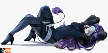 1girl absurdres arms_behind_head artist_logo artist_name belt black_belt black_jacket black_sclera black_shoes blue_bodysuit blue_skin blue_thighhighs bodysuit borrowed_character breasts colored_sclera colored_skin commentary commission covered_navel cropped_jacket demon_girl demon_horns english_commentary from_side full_body fur-trimmed_jacket fur_trim hair_between_eyes high_heels highres horns jacket knees_up kobi420 lips logo long_sleeves looking_up lying medium_breasts on_back open_clothes open_jacket orange_hair orange_horns original parted_lips purple_hair purple_tail red_scarf scarf shadow shoes simple_background solo thigh_belt thigh_strap thighhighs white_background