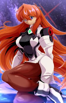 1girl absurdres andoryu_anzuru anniversary black_gloves breasts chest_jewel commentary elhaym_van_houten english_commentary expressionless gem gloves green_gem highres legs long_hair long_sleeves looking_at_viewer monolith_soft orange_hair pantyhose purple_eyes red_x sitting sky space square_enix star_(sky) starry_sky white_footwear x_(symbol) xeno_(series) xenogears