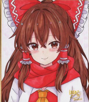 Rule 34 | 1girl, blush, bow, brown eyes, brown hair, closed mouth, commentary request, crossed bangs, dated, frilled bow, frilled hair tubes, frills, hair intakes, hair tubes, hakurei reimu, hoshi tea party, jacket, long hair, looking at another, neckerchief, photo (medium), red bow, red scarf, red shirt, scarf, shirt, signature, smile, solo, touhou, traditional media, white jacket, yellow neckerchief