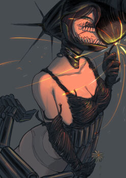 1girl absurdres apron black_apron bomb_devil_(chainsaw_man) breasts chainsaw_man cleavage commentary dynamite explosive grey_background grey_panties gualaba highres large_breasts lit_fuse panties reze_(chainsaw_man) solo sparks symbol-only_commentary underwear