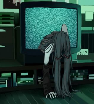 1girl aqua_hair black_sleeves commentary corduroy_(cordrawroy) detached_sleeves english_commentary green_theme grey_shirt hair_ornament hair_over_face hatsune_miku highres horror_(theme) indoors long_hair messy_hair shirt sleeveless sleeveless_shirt solo static television the_ring through_medium through_screen twintails very_long_hair vocaloid