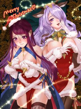 2girls animal_ear_fluff animal_ears bare_shoulders between_breasts blush breasts camilla_(fire_emblem) camilla_(flurry_embrace)_(fire_emblem) christmas cleavage closed_mouth commentary commentary_request deer_ears embarrassed english_commentary eyelashes fire_emblem fire_emblem_engage fire_emblem_fates fire_emblem_heroes frown gloves hand_to_own_mouth hands_up hat highres ivy_(fire_emblem) ivy_(flurry_embrace)_(fire_emblem) large_breasts laughing long_hair looking_at_viewer merry_christmas mixed-language_commentary multiple_girls nintendo official_alternate_costume open_mouth pelvic_curtain pink_lips purple_eyes purple_hair santa_hat see-through_clothes see-through_veil smile standing strap_between_breasts tsulala44_(oi_thanks) veil wardrobe_malfunction wavy_hair white_gloves
