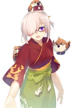 1girl bird breasts echo_(circa) fate/grand_order fate_(series) flame_print glasses green_hakama hair_over_one_eye hakama japanese_clothes kimono large_breasts long_sleeves looking_at_viewer mash_kyrielight mash_kyrielight_(enma-tei_uniform) ponytail purple_eyes purple_hair red_kimono short_hair short_ponytail sparrow wide_sleeves