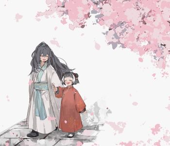 1boy 1girl ? ?? absurdres aged_down aqua_sash black_boots black_hair blush boots brother_and_sister chinese_clothes closed_eyes daxiushan double_bun falling_petals floral_print flower hair_bun half-closed_eyes hanfu highres holding_bug hong_lu_(project_moon) jia_xichun_(project_moon) limbus_company long_hair long_sleeves multicolored_hair munh422 open_mouth petals pink_flower pink_petals project_moon sash siblings smile stone_walkway streaked_hair white_background white_streaks wide_sleeves worm