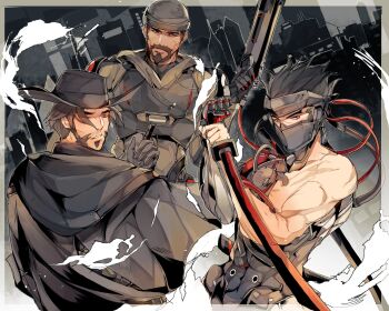 Rule 34 | 3boys, beard, biceps, black hair, blackwatch cassidy, blackwatch genji, blackwatch reyes, brown eyes, brown hair, cassidy (overwatch), chest plate, city, coat, cowboy hat, dark-skinned male, dark skin, facial hair, genji (overwatch), gloves, gun, hat, helmet, highres, hood, hoodie, katana, laulaubi, looking at viewer, looking to the side, male focus, mature male, mechabare, multiple boys, muscular, muscular male, outdoors, overwatch, overwatch 1, prosthesis, prosthetic arm, reaper (overwatch), red eyes, scar, scar on arm, scar on chest, scar on face, scarf, shirt, short hair, shoulder pads, spiked hair, sword, tube, upper body, weapon