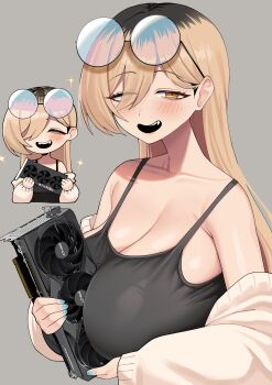 1girl absurdres armpit_crease awan_raccoon bags_under_eyes bare_shoulders black_camisole black_hair blonde_hair blush breasts camisole chibi chibi_inset cleavage closed_eyes collarbone eyes_visible_through_hair eyewear_on_head fang graphics_card grey_background hair_between_eyes half-closed_eyes highres holding huge_breasts jacket long_hair multicolored_hair off_shoulder open_mouth original round_eyewear simple_background smile solo spaghetti_strap sparkle sweater sweater_jacket very_long_hair white_sweater yellow_eyes