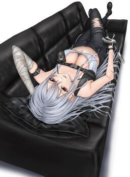 1girl absurdres azur_lane bandaged_arm bandages bare_shoulders black_gloves black_pants breasts cleavage couch crop_top female_focus gloves hair_between_eyes highres large_breasts long_hair looking_at_viewer navel on_couch pants red_eyes shirt silver_hair solo sovetskaya_rossiya_(azur_lane) sovetskaya_rossiya_(the_lackadaisical_lookout)_(azur_lane) torn_clothes very_long_hair you