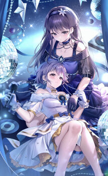 2girls absurdres alternate_costume bang_dream! bang_dream!_it&#039;s_mygo!!!!! black_choker black_gloves black_hair black_hairband brown_eyes choker dress flower frilled_dress frills gloves guzangnanfeng hair_flower hair_ornament hairband hand_grab highres holding holding_microphone lap_pillow long_hair lying microphone mole mole_under_eye multiple_girls on_back pantyhose purple_dress purple_hair seiza shiina_taki short_hair short_sleeves sitting sky stage star_(sky) star_(symbol) starry_sky takamatsu_tomori white_dress white_gloves white_pantyhose