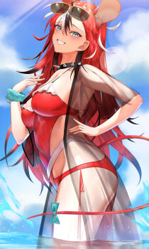 1girl animal_ears black_hair blue_bow blue_eyes bow breasts collar grin hakos_baelz hakos_baelz_(holonatsu_paradise) highres hololive hololive_english looking_at_viewer medium_breasts misa_pika mouse_ears mouse_girl mouse_tail multicolored_hair official_alternate_costume official_alternate_hairstyle one-piece_swimsuit red_hair red_one-piece_swimsuit scrunchie shirt smile solo spiked_collar spikes sunglasses swimsuit tail tail_bow tail_ornament teeth virtual_youtuber white_shirt wrist_scrunchie