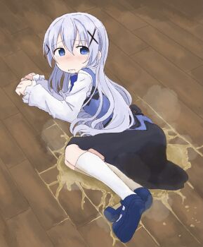 1girl black_skirt blue_bow blue_bowtie blue_eyes blue_shoes blue_vest blush bowtie brown_background clenched_teeth embarrassed female_focus frilled_sleeves frills gochuumon_wa_usagi_desu_ka? grey_hair hair_between_eyes hair_ornament hands_up kafuu_chino kneehighs long_hair long_sleeves looking_back lying nose_blush on_floor on_side own_hands_together pee peeing peeing_self ponnu_(tnpn2yw) puddle raised_eyebrows shirt shoes sidelocks skirt socks solo steam tears teeth vest wet wet_clothes wet_skirt wet_socks white_shirt white_socks wooden_floor x_hair_ornament