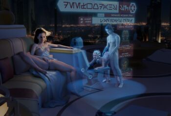 1boy 1girl 2girls ahsoka_tano anakin_skywalker barefoot breasts couch doggystyle hetero hologram masturbation multiple_girls nipples nude on_couch padme_amidala science_fiction sex sex_from_behind star_wars star_wars:_the_clone_wars togruta
