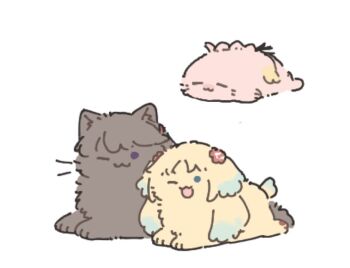 :3 ;3 ;d animal_focus animal_with_hair animalization anyoji_hime ao_kaeru black_ribbon blue_eyes brown_cat cat closed_mouth dog flower fujishima_megumi hair_flower hair_ornament hair_ribbon link!_like!_love_live! looking_at_viewer love_live! lying multi-tied_hair no_humans on_stomach one_eye_closed open_mouth osawa_rurino pink_flower ponytail purple_eyes ribbon seal_(animal) side-by-side simple_background smile twintails virtual_youtuber white_background yellow_dog