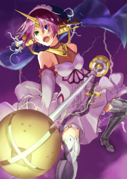 Rule 34 | 1girl, absurdres, armored boots, bare shoulders, black veil, blue eyes, boots, breasts, bridal chest (fate), cleavage, commentary request, dress, elbow gloves, electricity, fate/apocrypha, fate/grand order, fate (series), flower, frankenstein's monster (fate), frankenstein's monster (fate/apocrypha), frilled dress, frills, gloves, green eyes, hair flower, hair ornament, hair over eyes, headgear, heterochromia, highres, holding, holding weapon, horns, long dress, mace, mechanical horns, open mouth, pink flower, pink hair, pink rose, revision, rose, see-through cleavage, see-through clothes, short hair, single horn, sleeveless, sleeveless dress, small breasts, solo, tongue, tsukiyo kapibara, upper body, veil, weapon, white dress, white gloves