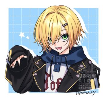 1boy black_jacket blonde_hair blue_background blue_hood border clothes_writing cropped_shoulders drawstring drop_shadow green_eyes grid_background hair_intakes hair_ornament hair_over_one_eye hairclip hand_up hood hood_down hoodie jacket lapels looking_at_viewer male_focus nijisanji no_headwear notched_lapels open_clothes open_jacket open_mouth outside_border print_hoodie short_hair sleeves_past_wrists solo tomato_(otom67) twitter_username upturned_eyes uzuki_kou uzuki_kou_(5th_costume) virtual_youtuber watermark white_border white_hoodie wolf_cut yellow_trim