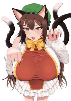 1girl aged_up alternate_hair_length_(longer) animal_ears bow bowtie breasts brown_hair cat_ears cat_tail chen clenched_hands commentary_request dress earrings extra_tails fang fingernails green_hat hat highres huge_breasts jewelry long_fingernails long_hair mob_cap ntama open_mouth paw_pose red_nails simple_background single_earring solo tail touhou white_background white_dress yellow_bow yellow_bowtie