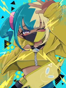 1girl blonde_hair blue_background blue_hair blush canari_(pokemon) crop_top dark-skinned_female dark_skin eyelashes gen_4_pokemon highres jacket kininaru_ano_ko long_sleeves looking_at_viewer mask mouth_mask multicolored_hair nintendo one_eye_closed open_clothes open_jacket pokemon pokemon_legends:_z-a purple_eyes rotom rotom_phone sleeves_past_wrists two-tone_hair upper_body yellow_jacket