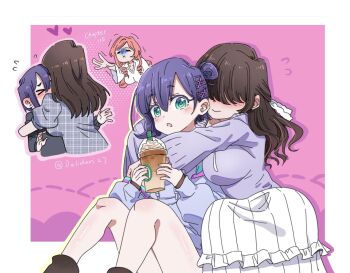 &gt;_&lt; 3girls :o =_= aqua_eyes artist_name bare_legs black_hair blue_hair blush commentary covered_eyes cup dalidari27 disposable_cup drill_hair drill_sidelocks flying_sweatdrops gloom_(expression) grey_shirt hair_between_eyes hair_ornament hair_over_eyes hairclip hanazono_hahari haraga_kurumi heart highres holding holding_cup hug hug_from_behind kakure_meme kimi_no_koto_ga_dai_dai_dai_dai_daisuki_na_100-nin_no_kanojo long_hair long_sleeves multiple_girls multiple_views pink_background pink_hair puffy_long_sleeves puffy_short_sleeves puffy_sleeves shirt short_hair short_sleeves sidelocks simple_background skirt smile twitter_username unmoving_pattern whipped_cream white_skirt x_mouth