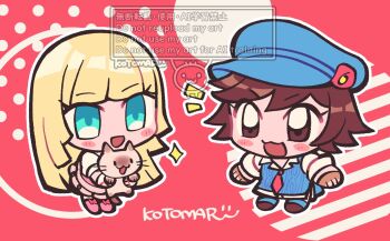 2girls :3 animal blonde_hair blue_eyes blue_hat blue_shoes blue_sweater blush_stickers brown_eyes brown_hair cat chibi chibi_only commentary eyelashes full_body hat holding holding_animal holding_cat kazama_asuka kotorai lili_(tekken) multiple_girls no_nose open_mouth outline pink_shoes salt_(tekken) shoes sweater symbol-only_commentary tekken tekken_8 white_outline