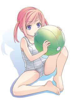 1girl absurdres ball barefoot beachball blowing butterfly_sitting feet gluteal_fold highres old_school_swimsuit one-piece_swimsuit orange_hair original pop_(electromagneticwave) purple_eyes school_swimsuit shadow short_hair simple_background sitting solo swimsuit toes twintails white_background white_one-piece_swimsuit