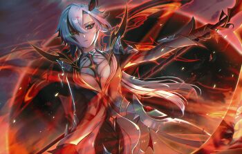 1girl absurdres arlecchino_(cinder_of_two_worlds'_flames)_(genshin_impact) arlecchino_(genshin_impact) azukimaru black_eyes black_gloves black_hair breasts closed_mouth commentary_request fire genshin_impact gloves grey_jacket hair_between_eyes highres holding holding_scythe holding_weapon jacket long_hair long_sleeves looking_at_viewer medium_breasts multicolored_hair outstretched_arm red_pupils revision scythe solo symbol-shaped_pupils upper_body very_long_hair weapon white_hair x-shaped_pupils