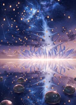 Rule 34 | asukake project, cloud, cloudy sky, crystal, fantasy, galaxy, heaven burns red, horizon, lantern, meteor shower, milky way, narby (heaven burns red), night, night sky, no humans, ocean, outdoors, paper lantern, reflection, reflective liquid, scenery, shooting star, sky, sky lantern, star (sky), starry sky, sunset, water