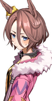 1girl absurdres animal_ears blue_eyes commentary franz2543 fur-trimmed_jacket fur_trim hair_between_eyes highres hood hooded_jacket horse_ears horse_girl jacket looking_at_viewer narita_taishin_(nevertheless)_(umamusume) narita_taishin_(umamusume) pink_jacket shirt simple_background solo umamusume upper_body white_background yellow_shirt