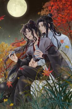 Rule 34 | 2boys, absurdres, ahoge, alcohol, autumn leaves, bishounen, black hair, black hanfu, bottle, chinese clothes, closed mouth, commentary request, couple, crossed legs, cup, falling leaves, full moon, ginkgo leaf, grass, grey eyes, hair ribbon, hanfu, headband, high ponytail, highres, holding, holding bottle, holding cup, hug, hug from behind, lan wangji, leaf, light particles, liquor, long hair, long sleeves, looking at another, male focus, maple leaf, modao zushi, moon, multiple boys, night, open mouth, outdoors, ponytail, red ribbon, ribbon, robe, sakazuki, sidelocks, sitting, sitting on lap, sitting on person, sky, smile, tokkuri, topknot, tree, twitter username, very long hair, w2biiro, watermark, wei wuxian, white hanfu, white headband, wide sleeves, xiao guan (headdress), yaoi, yellow eyes