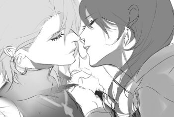 2girls bybymkmk chief_(path_to_nowhere) closed_eyes closed_mouth covered_collarbone ear_piercing earrings female_chief_(path_to_nowhere) greyscale imminent_kiss jewelry long_hair long_sleeves monochrome multiple_girls parted_lips path_to_nowhere piercing upper_body yuri zoya_(path_to_nowhere)