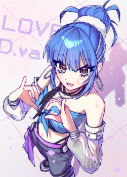 Rule 34 | 1girl, blue hair, clothing request, commentary, confetti, d.va (overwatch), detached sleeves, earrings, fearless d.va, from above, hair bun, heart-shaped blush stickers, highres, hoop earrings, jewelry, k3ch4ppu, le sserafim, long eyelashes, looking at viewer, navel, open mouth, overwatch, pants, shoes, solo, untranslatable commentary