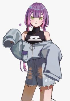 1girl artist_name bare_shoulders blunt_bangs blush chain colored_inner_hair commentary cowboy_shot demon_girl demon_tail denim denim_shorts double-parted_bangs ear_piercing fang fyuu-ka gold_chain green_eyes grey_nails hair_between_eyes heart heart_tattoo high-waist_shorts highres hololive jacket jacket_partially_removed jeans leg_tattoo long_hair long_sleeves looking_at_viewer multicolored_hair nail_polish pants piercing pink_hair pocket purple_hair shorts simple_background sleeveless sleeveless_turtleneck sleeves_past_fingers sleeves_past_wrists solo spoken_heart standing streaked_hair symbol-only_commentary tail tattoo tokoyami_towa turtleneck twintails virtual_youtuber white_background zipper zipper_pull_tab