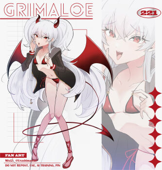1girl bikini black_jacket blush breasts character_name demon_girl demon_horns demon_tail demon_wings eyebrows_hidden_by_hair from_side full_body grim_aloe hair_between_eyes highres horns jacket knees_together_feet_apart long_hair looking_at_viewer multiple_views nahogiisio navel open_mouth quiz_magic_academy red_bikini red_eyes red_sandals sandals small_breasts smile stomach swimsuit tail teeth toes twintails upper_teeth_only very_long_hair white_hair wings